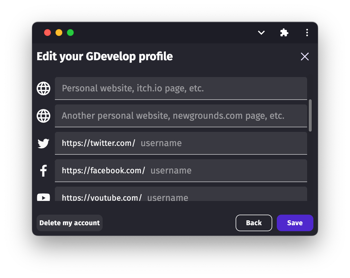Button to delete your account in your profile